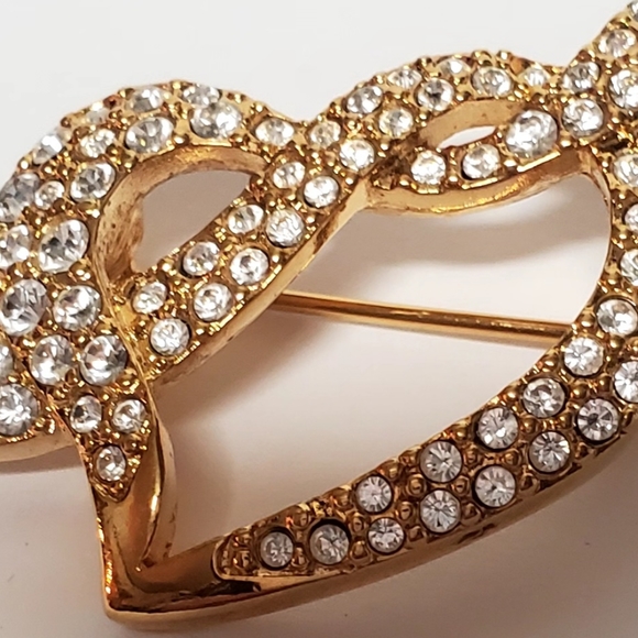 Swarovski Signed Swan Gold Tone Open Heart Brooch Full Pave Set Crystals - Picture 7 of 12